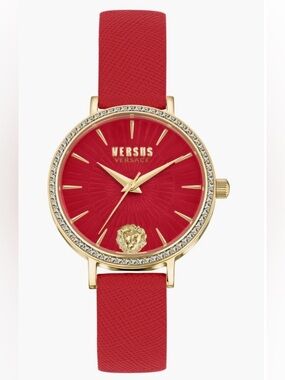Versus Versace Women’s Mar Vista Gold-Tone Crystal Bezel Watch with Red Strap